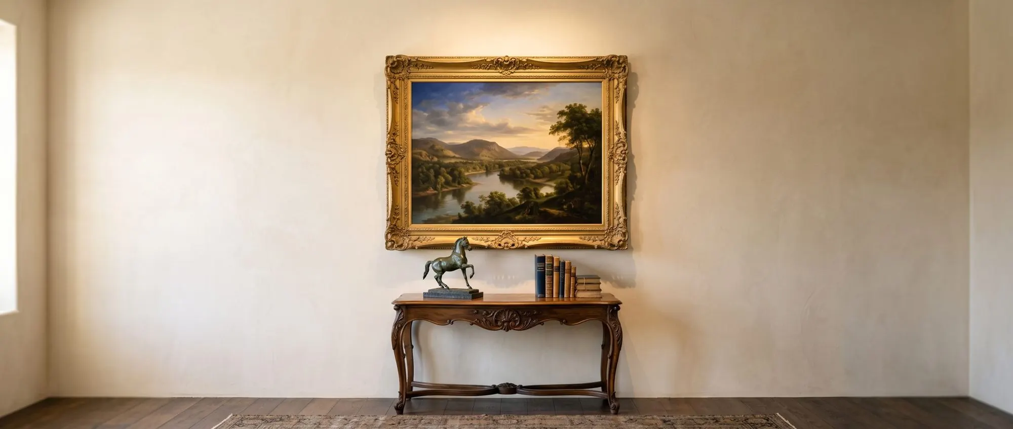Gilt-framed painting on a gallery wall, warm spotlight