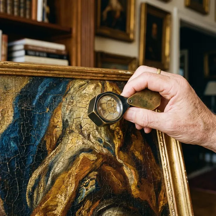 Collector examining a painting with a loupe