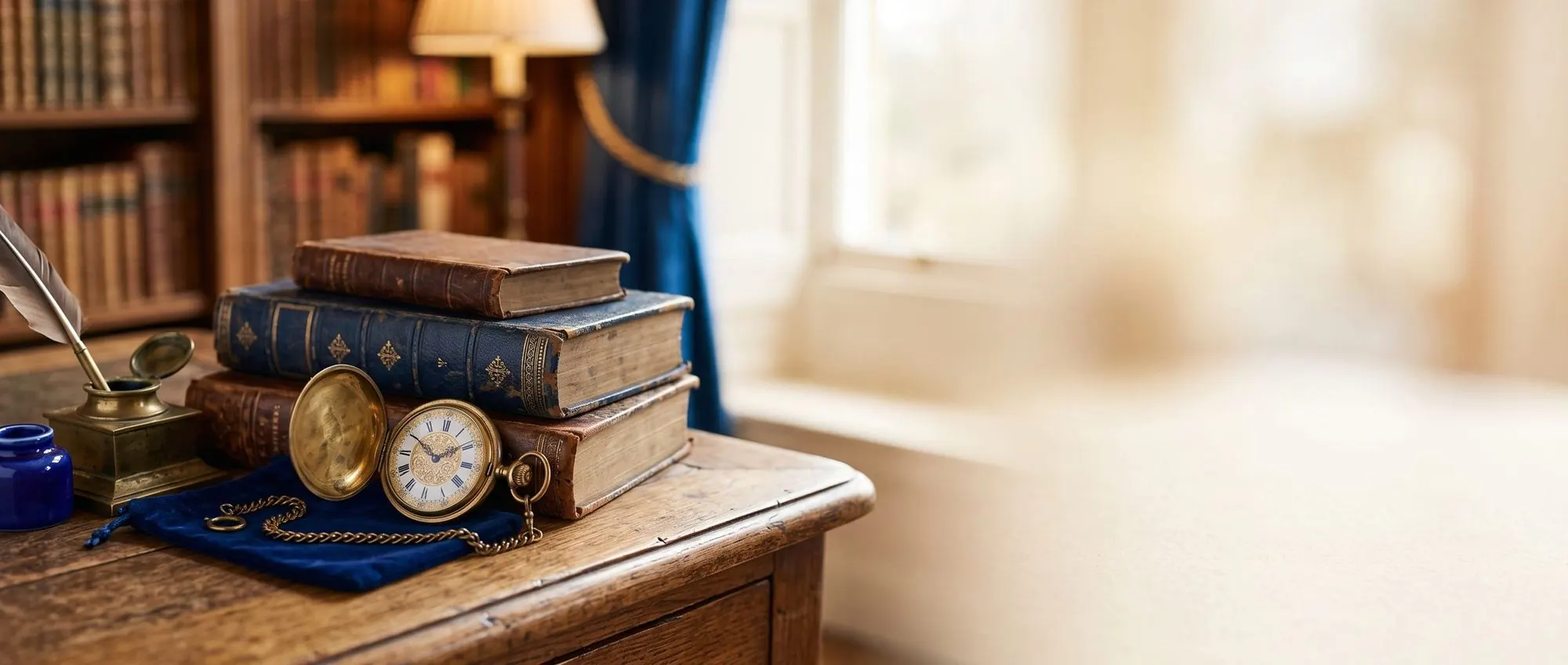 Antique books and a pocket watch on a desk