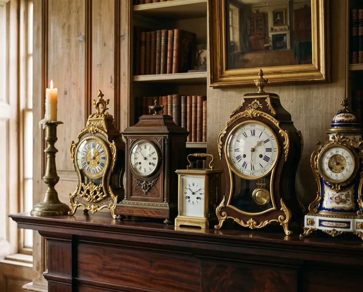 Antique mantel clocks and brass objects