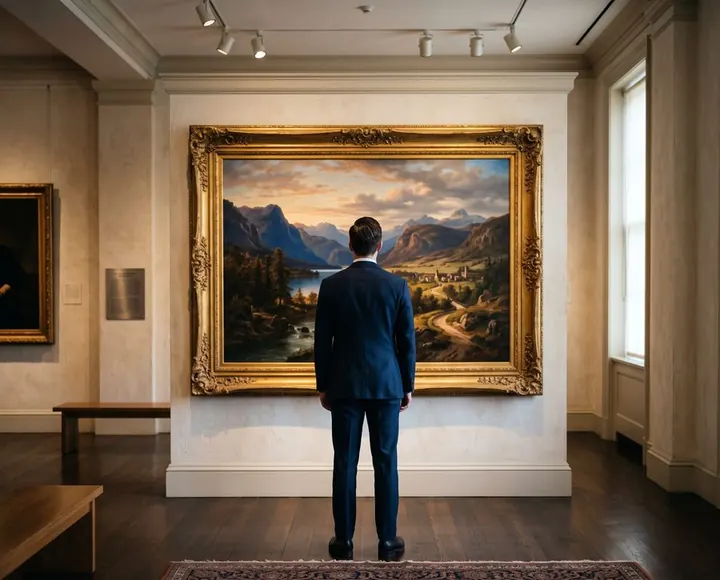 Visitor studying a painting in a gallery