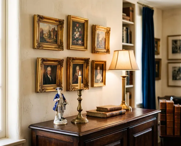 Collector’s shelf of framed paintings and objects