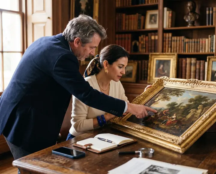 Dealer and client examining a piece at a desk
